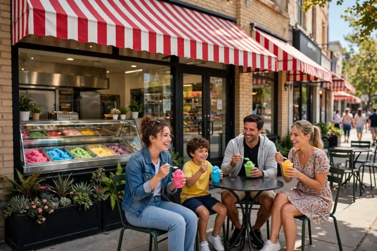 Rita's Italian Ice shop storefront with customers enjoying Italian ice cups