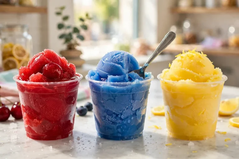Colorful cups of Rita's Italian Ice in cherry, blue raspberry and lemon flavors.