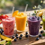 Fresh fruit smoothies and green vegetable juice in clear cups on a sunlit counter