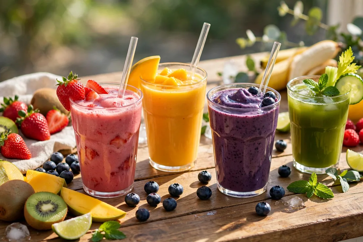 Fresh fruit smoothies and green vegetable juice in clear cups on a sunlit counter
