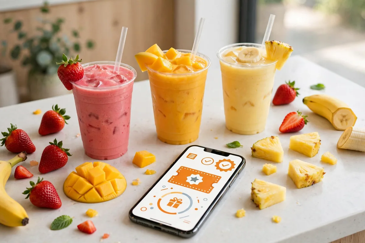 Robeks smoothies with a phone showing the Robeks Rewards app deals
