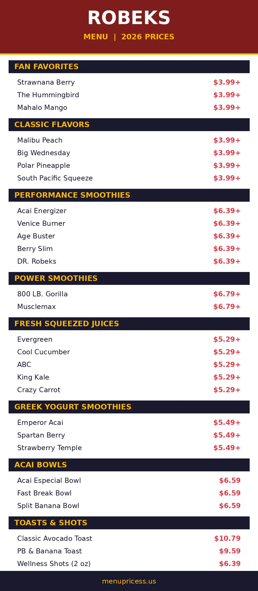 Robeks menu card with 2026 prices