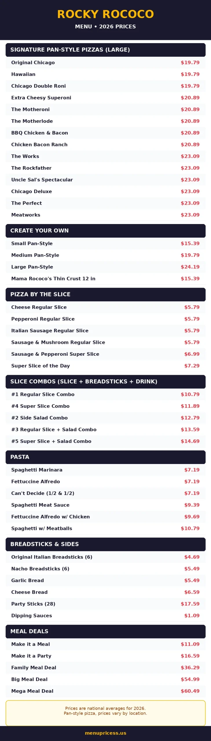 Rocky Rococo pizza menu prices 2026 menu card