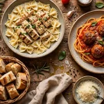 Romano's Macaroni Grill menu prices 2026 Italian pasta spread with bread and parmesan