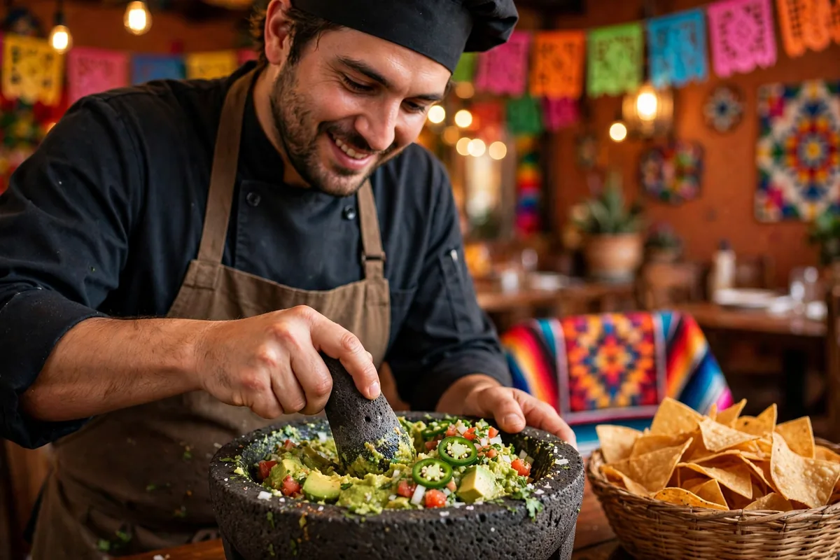 Preparing fresh tableside guacamole at Rosa Mexicano restaurant