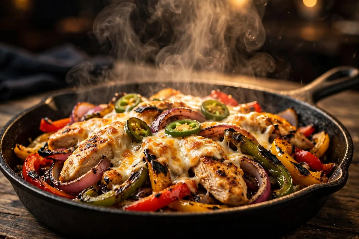 Sizzling chicken fajitas at Rosa's Cafe, close-up of mesquite-grilled fajita plate with tortillas