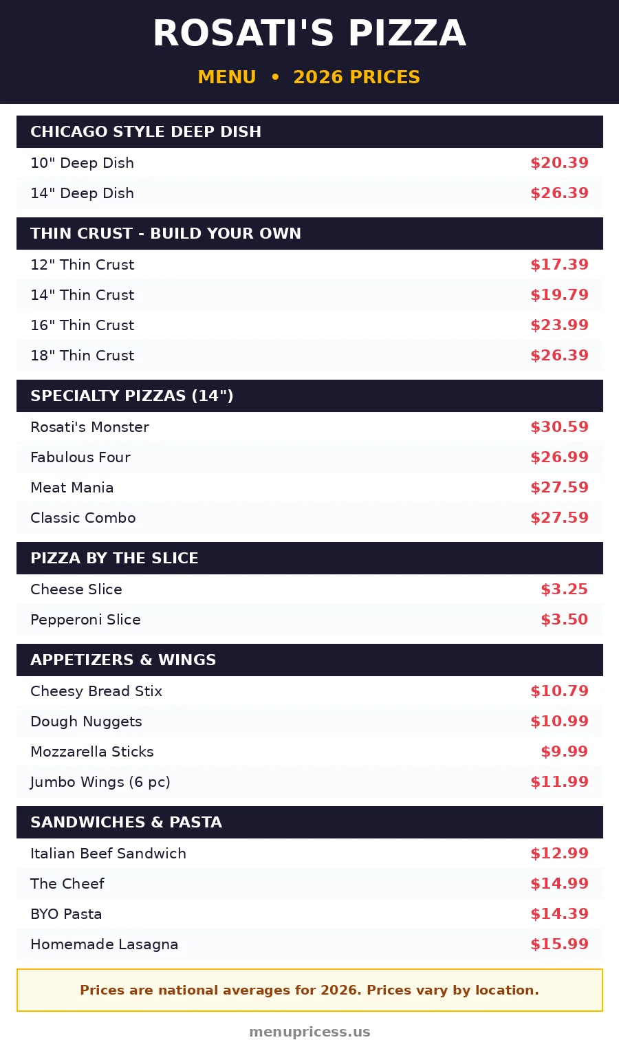 Rosati's Pizza menu card with prices