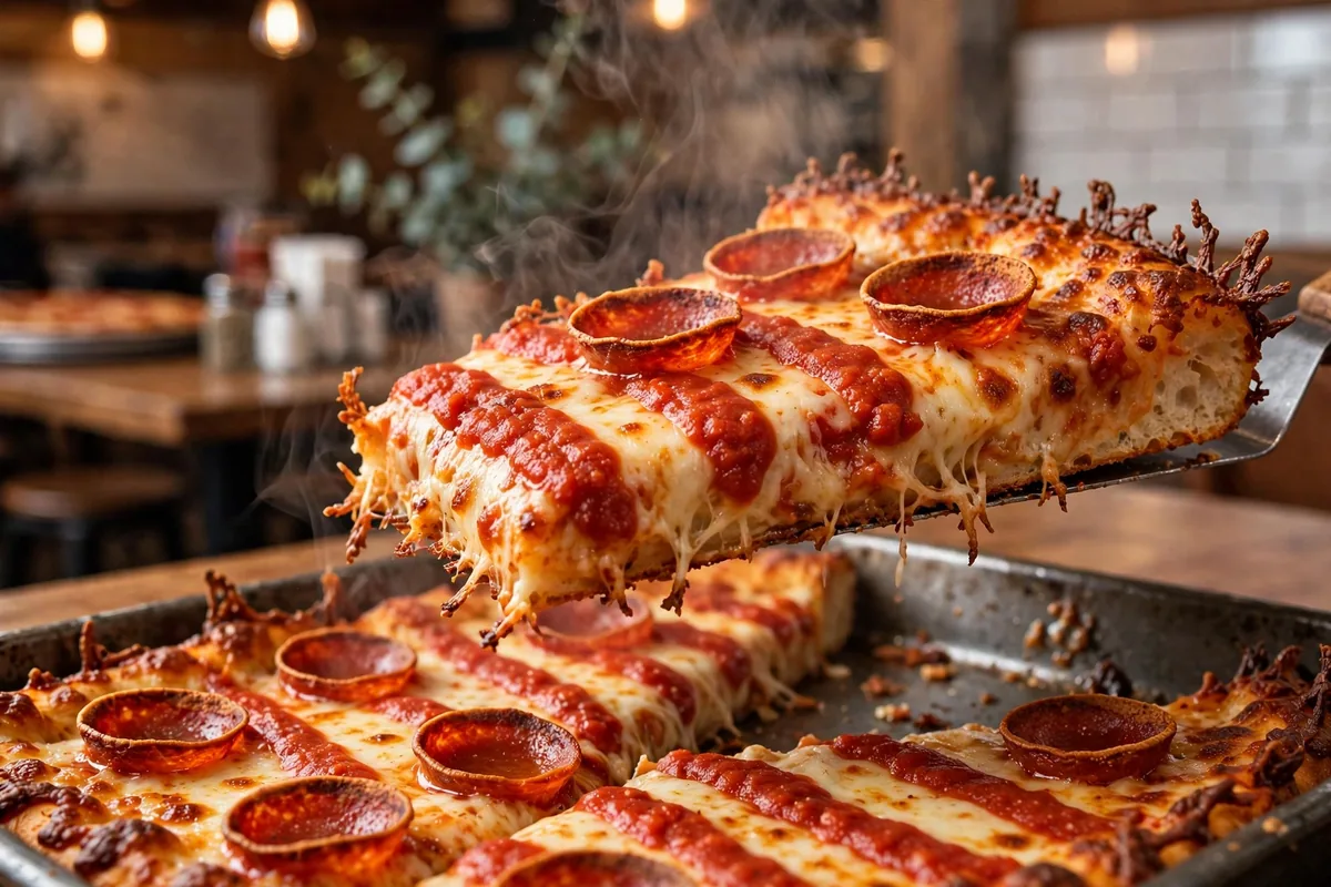 Rotolo's Pizzeria menu prices 2026 Detroit-style pizza slice with crispy cheese edges
