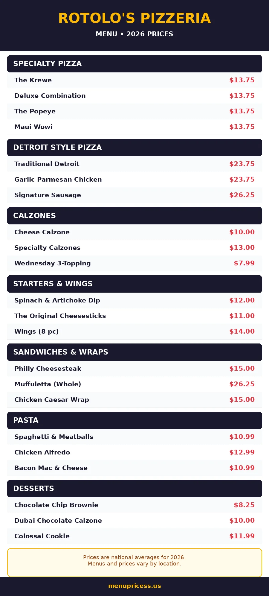 Rotolo's Pizzeria menu prices 2026 menu card with pizza calzone and pasta prices