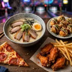 Round1 bowling amusement menu prices 2026 bowling alley table spread with ramen takoyaki pizza wings and fries