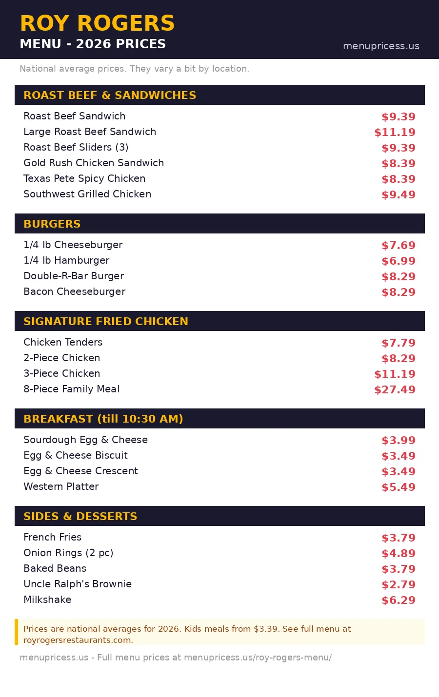 roy rogers menu prices 2026 full menu card
