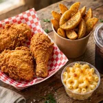 Royal Farms menu prices 2026: golden fried chicken pieces, Western Fries, mac and cheese and fountain drink