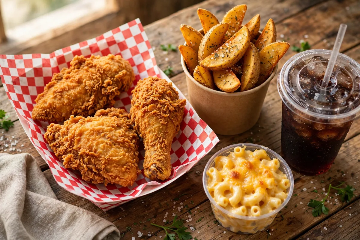 Royal Farms menu prices 2026: golden fried chicken pieces, Western Fries, mac and cheese and fountain drink