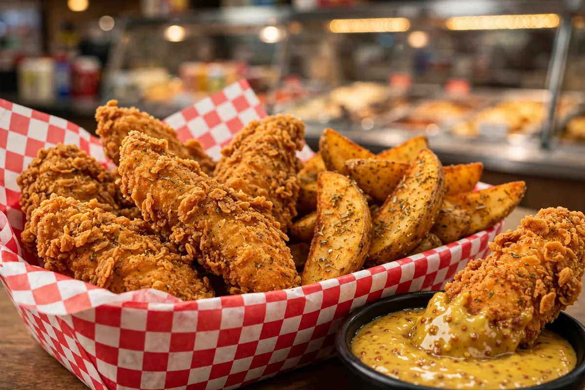 Royal Farms menu prices 2026: crispy hand-breaded chicken tenders with seasoned Western Fries and honey mustard dip