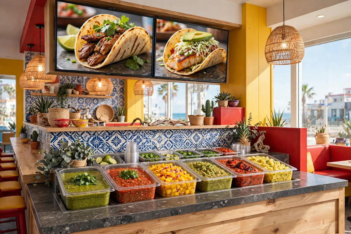 Inside a Rubio’s coastal grill location with counter and menu boards