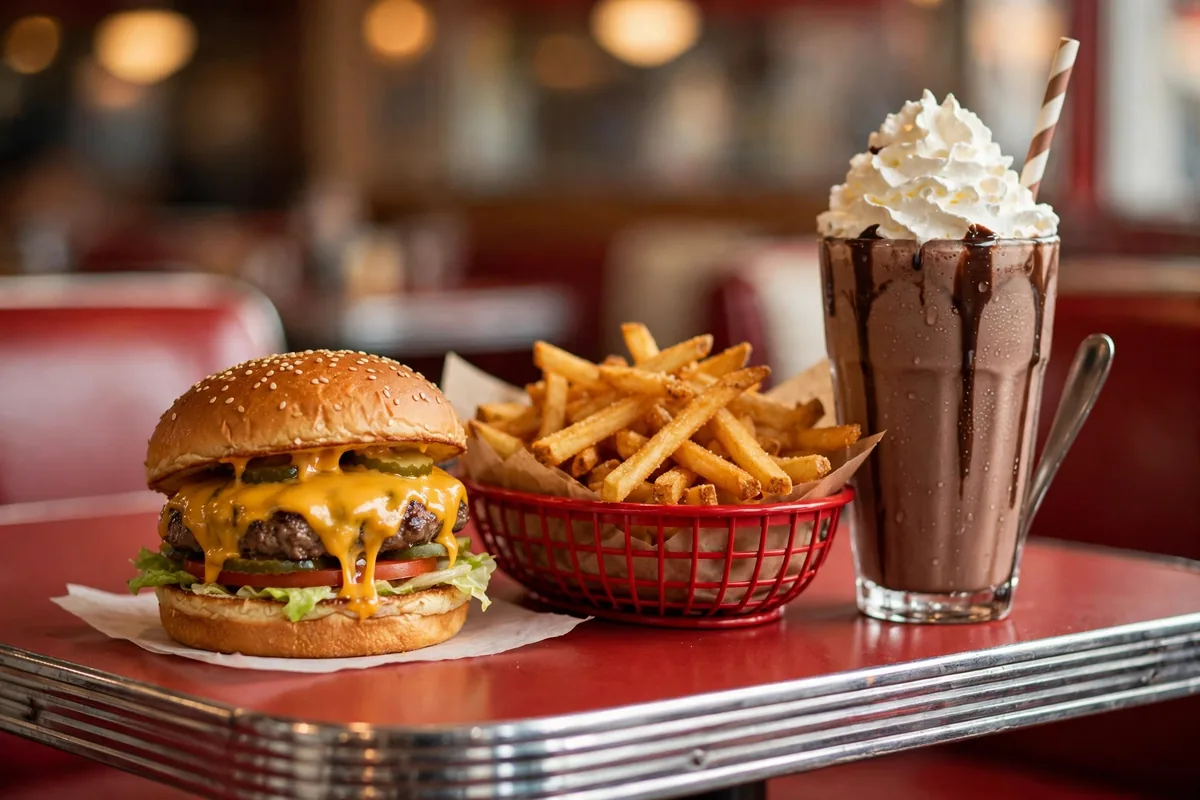 Ruby's Diner classic diner burger and handmade chocolate shake, rubys diner menu prices 2026