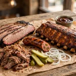 Rudy's Bar-B-Q menu with smoked brisket, ribs, sausage and sides