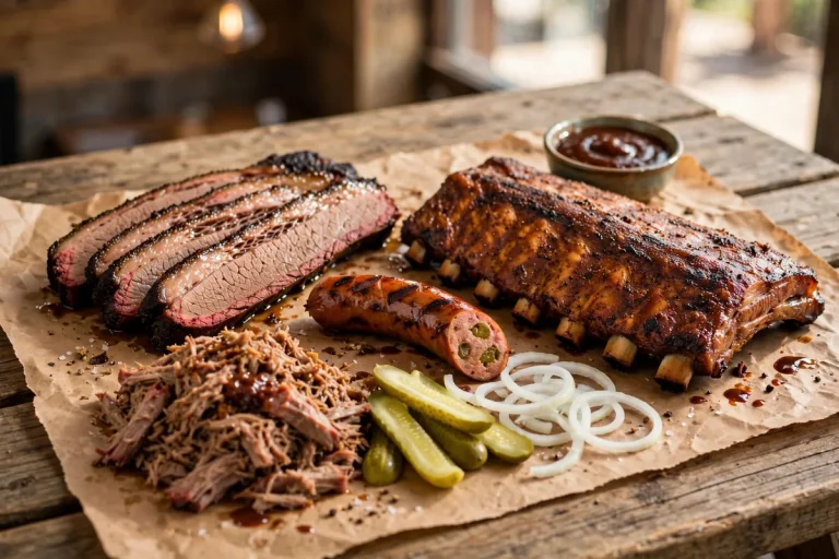 Rudy's Bar-B-Q menu with smoked brisket, ribs, sausage and sides
