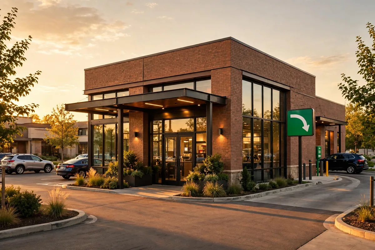 Runza locations near me: Runza restaurant storefront exterior at golden hour