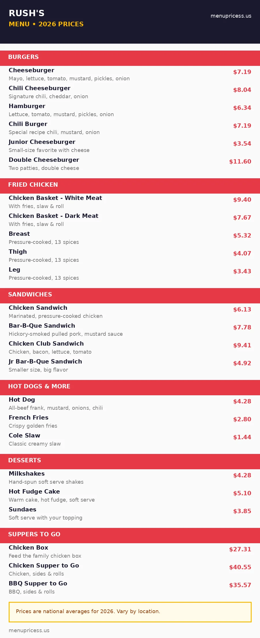 Rush's menu prices 2026 menu card graphic