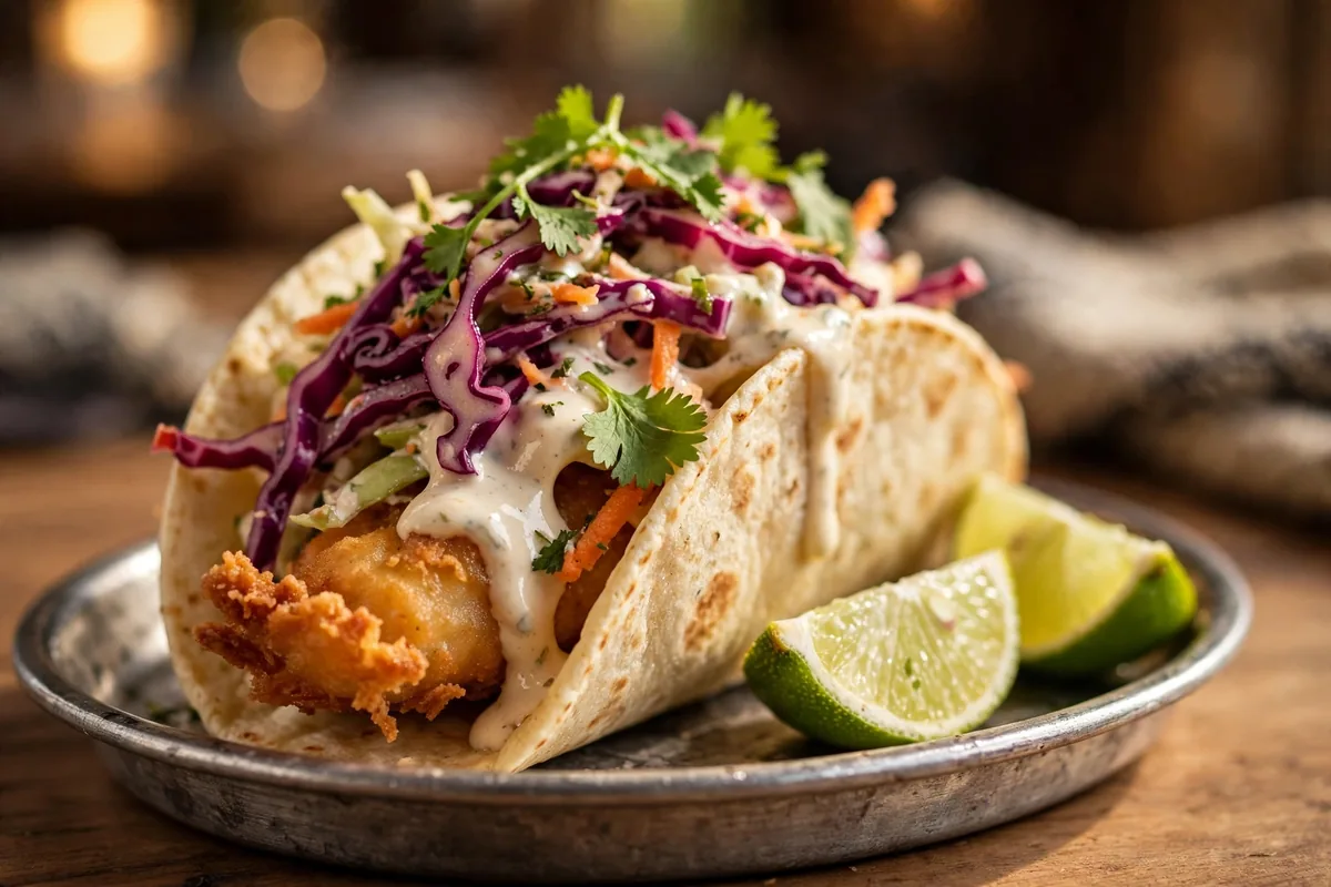 Rusty Taco Baja fish taco menu prices close up with slaw and lime
