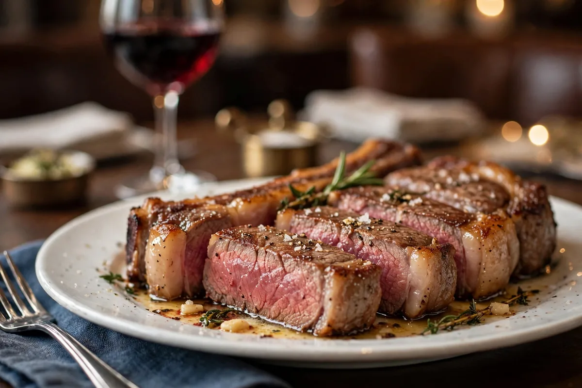 Ruth's Chris Steak House menu prices 2026 sliced ribeye steak dinner with red wine