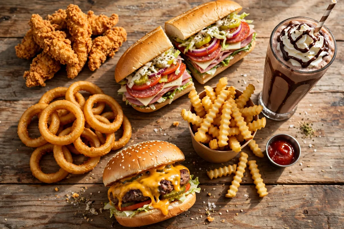 Rutter's menu prices 2026 - burger, chicken tenders, sub and fries spread