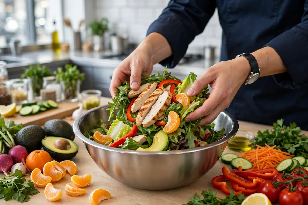 Fresh Saladworks ingredients being tossed for a signature salad