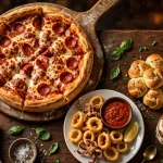 salernos pizza menu prices 2026 pizza spread with pepperoni pizza, fried calamari and tiramisu