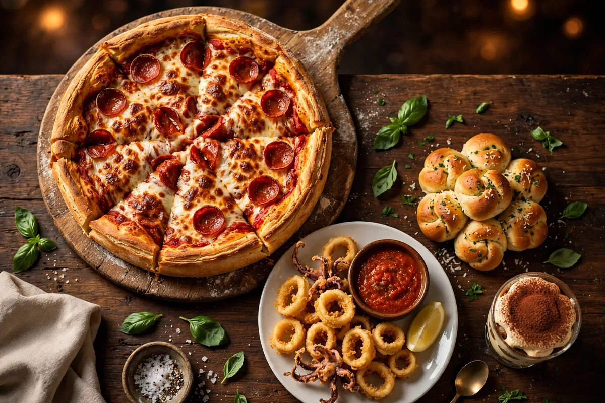 salernos pizza menu prices 2026 pizza spread with pepperoni pizza, fried calamari and tiramisu