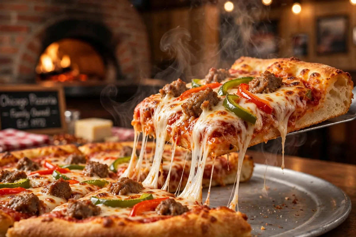 salernos pizza menu 2026 cheesy Sicilian-style slice with sausage and peppers