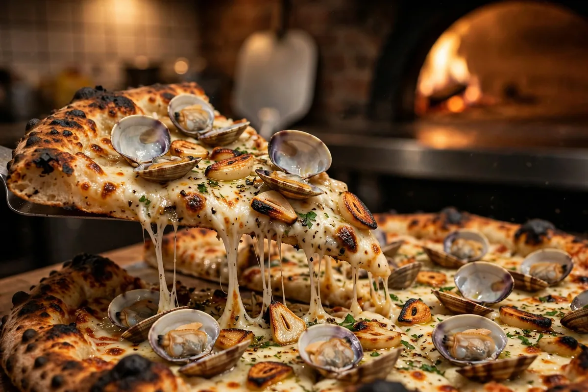 Sallys Apizza menu clam apizza slice with mozzarella and fresh clams
