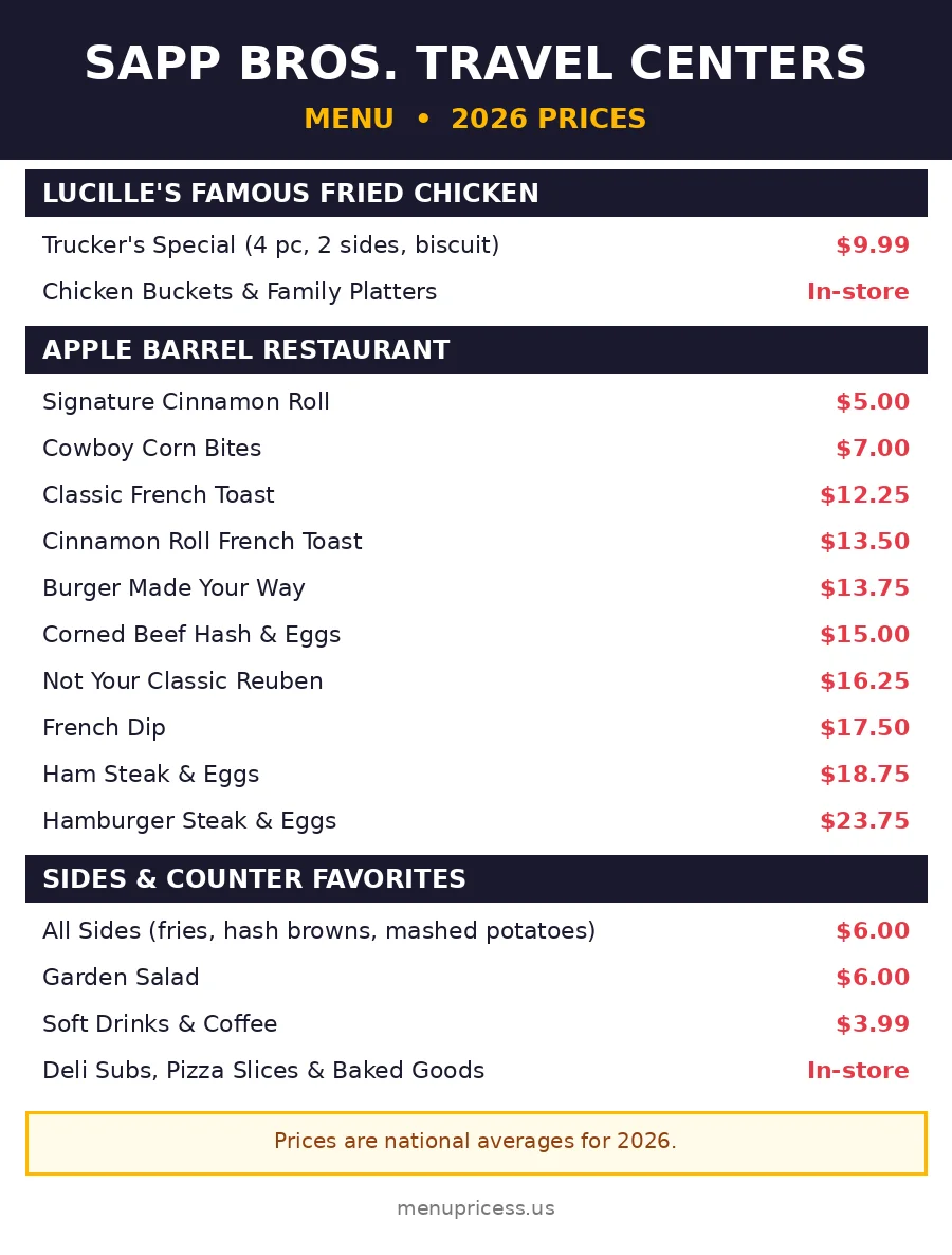 Sapp Bros menu prices 2026 menu card fried chicken apple barrel breakfast