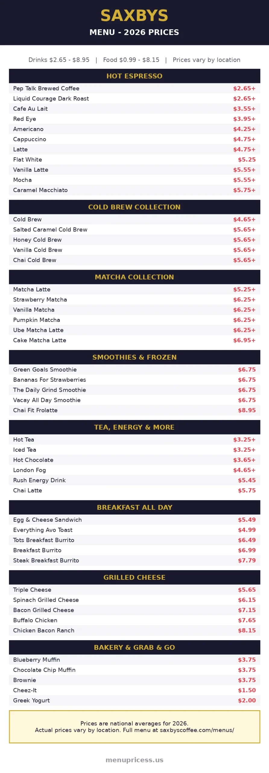 Saxbys Coffee menu card with 2026 prices for espresso, cold brew, matcha and food