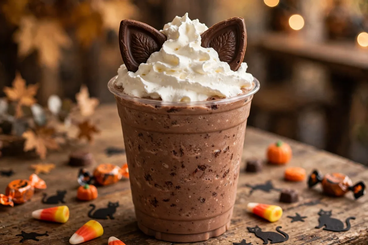 What's in the Black Cat Frappuccino Starbucks - chocolate cake flavored creme frappuccino with whipped cream and chocolate cat ears