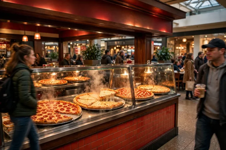 A Sbarro-style pizza storefront inside a shopping mall food court