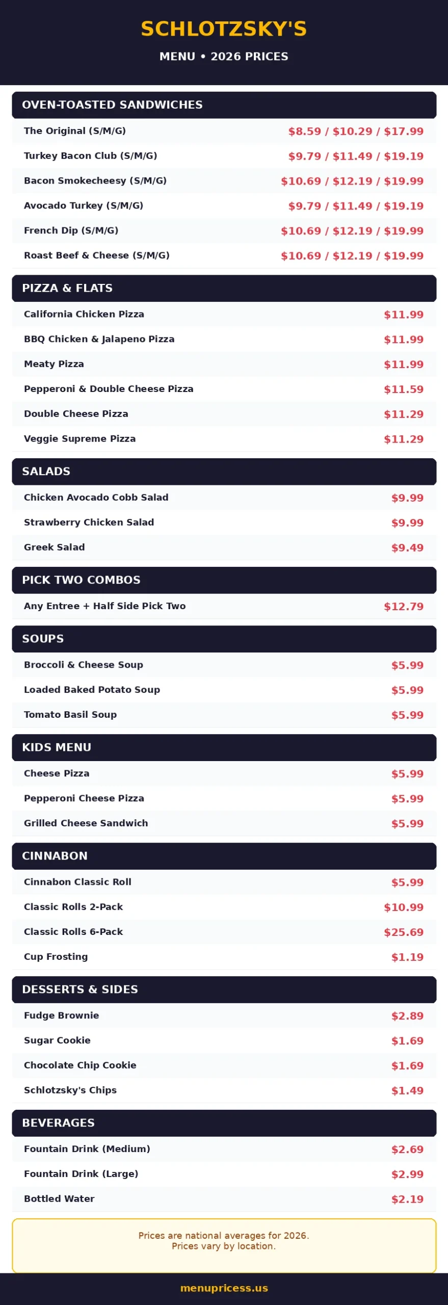 Schlotzsky's menu card with 2026 prices
