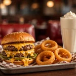 Schoop's Hamburgers calories: double cheeseburger with onion rings and a thick milkshake on a diner tray