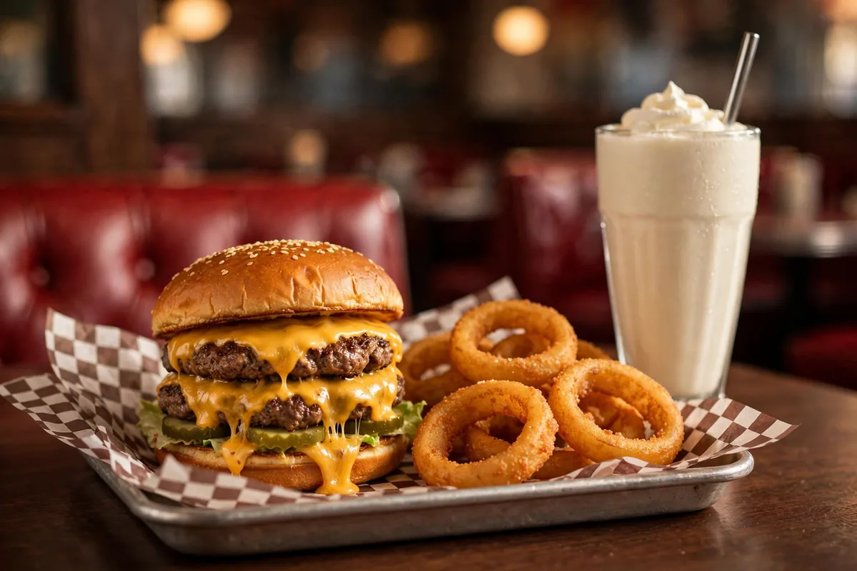 Schoop's Hamburgers calories: double cheeseburger with onion rings and a thick milkshake on a diner tray