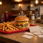Schoop's Hamburgers deals: cheeseburger, fries, and coupons on a diner counter