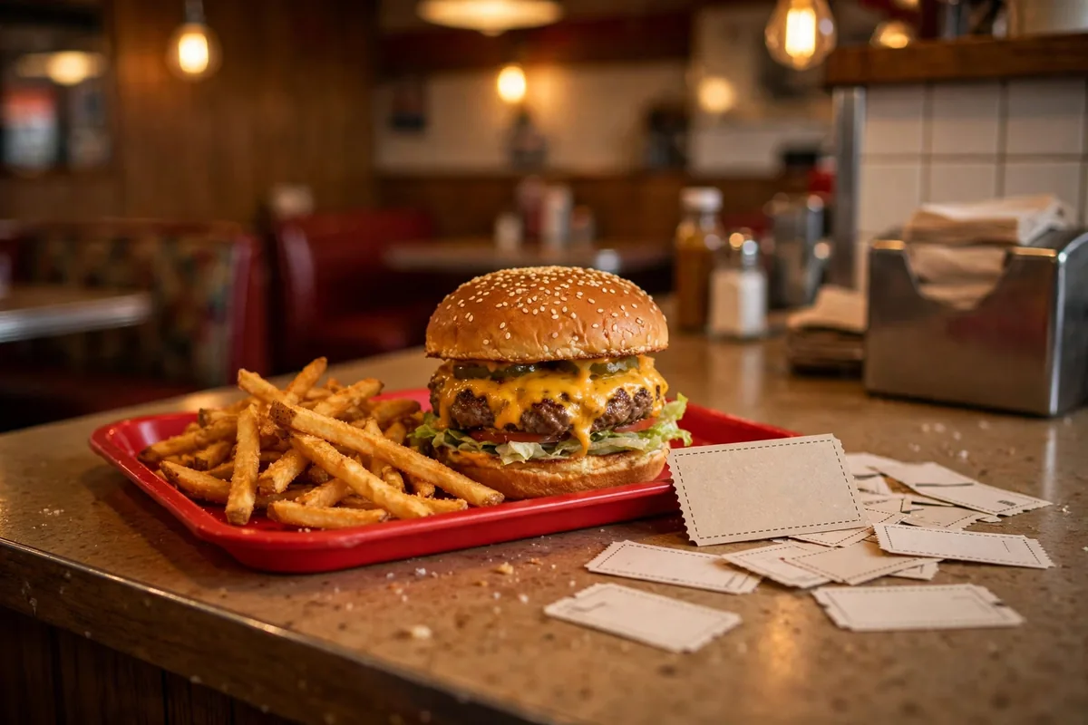 Schoop's Hamburgers deals: cheeseburger, fries, and coupons on a diner counter