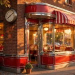 Schoop's Hamburgers working hours guide: retro diner storefront with morning clock