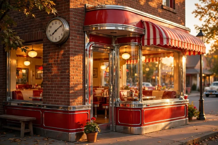 Schoop's Hamburgers working hours guide: retro diner storefront with morning clock