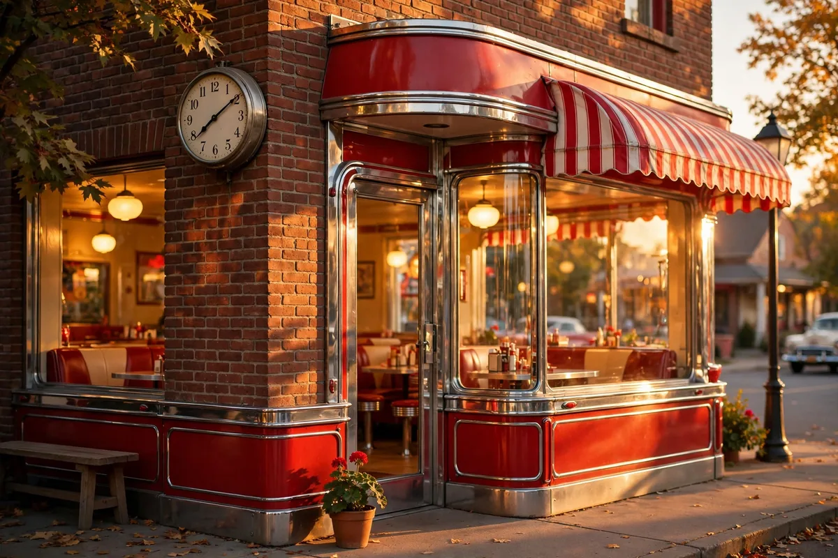 Schoop's Hamburgers working hours guide: retro diner storefront with morning clock