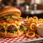 Schoop's Hamburgers secret menu smash burger with crispy lacy edges and curly fries