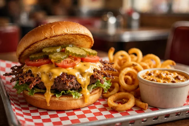 Schoop's Hamburgers secret menu smash burger with crispy lacy edges and curly fries