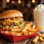 Shake Shack deals and coupons: cheeseburger, crinkle-cut fries and shake on a table