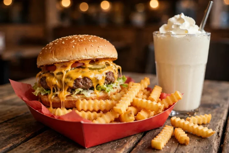 Shake Shack deals and coupons: cheeseburger, crinkle-cut fries and shake on a table