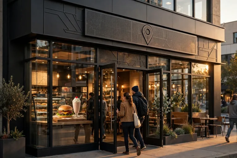 Shake Shack locations: modern Shake Shack storefront exterior at golden hour