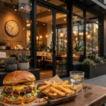 Shake Shack working hours: glowing burger restaurant storefront in the evening